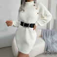 thumbnail image 5 of Ediodpoh Women Fashion Casual Long Sleeve Solid Knit Turtleneck Puff Sleeve Ribbed Short Dress Sweater Dress with Buttons for Fall White L, 5 of 8