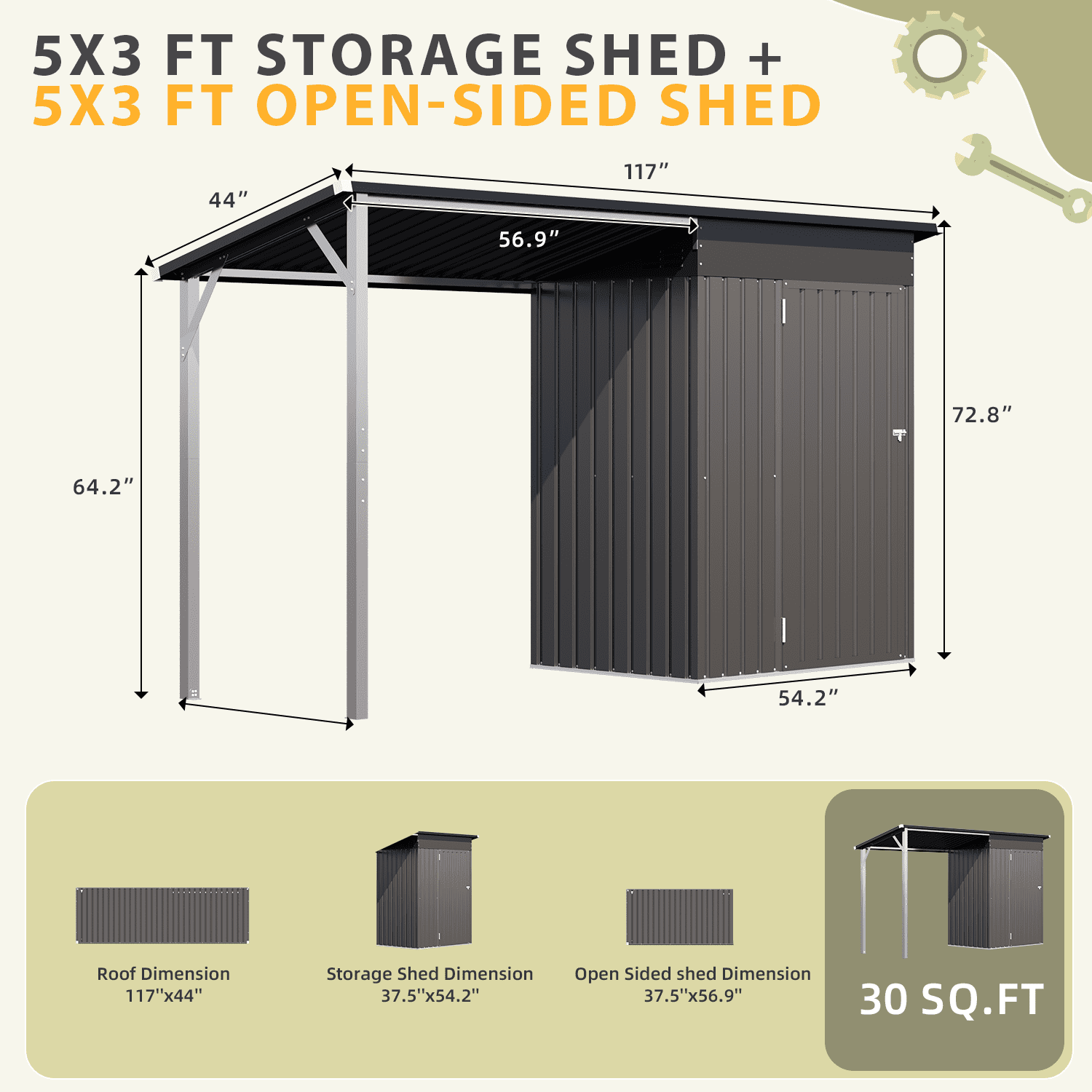 YODOLLA Outdoor Open-Sided Storage Shed, 3x5 Sheds & Outdoor Storage with 15 Sq. Ft Covered, 5x3 Small 2-in-1 Tool Shed with Attached Hardtop Metal Pergola Gazebo