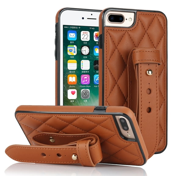 TECH CIRCLE For iPhone 8 Plus/7 Plus Case with Wrist Band, Luxury PU Leather Kickstand Full-Body Shockproof Protective Bumper Women Girl Back Cover for Apple iPhone 8 Plus/7 Plus 5.5",Brown