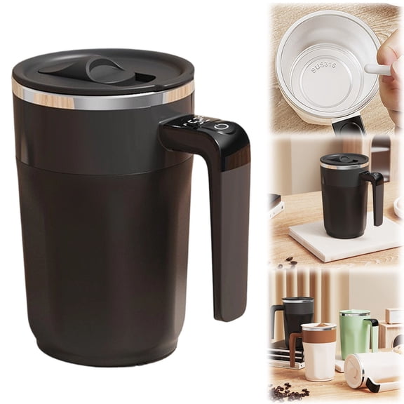 Black Rechargeable Magnetic Self Stirring Coffee Mug | Automatic Self-Stirring Cup for Coffee, Milk, Cocoa, Tea | Stainless Steel Travel Mug with LED Thermometer, Portable & Leak-Proof