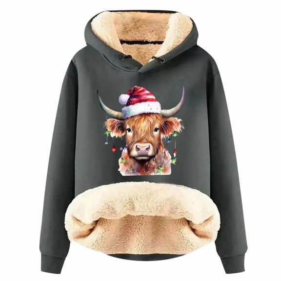 Women Christmas Outfit Western Christmas Print Women's Hooded Sweatshirt Festive Holiday Girly Cozy Pullover Top Gray M