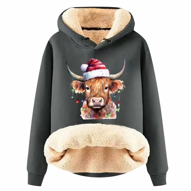 WILLBEST Sudadera para Mujer, Estilo Vaquero Navideño, con Capucha y Estampado Grueso Grande