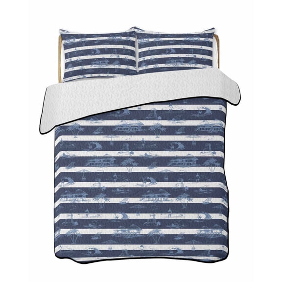 Quilts Full Size Bedding Set, Nautical Striped Lightweight Quilted Comforter, Summer Coastal Ocean Navy Blue White Soft Reversible Bedspread Coverlet with Pillow Covers for All Season, 78" x 90"