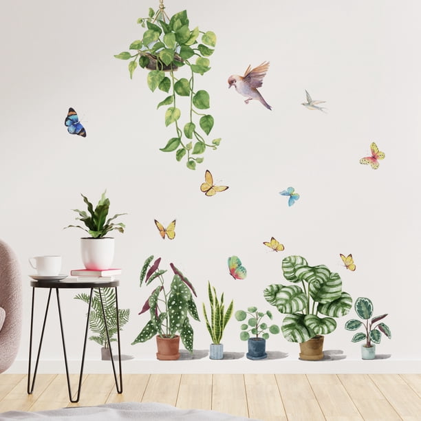 Un conjunto de plantas en maceta, mariposas, pájaros, calcomanías de pared, pegatinas de pared para sala de estar, dormitorio, oficina, ventanas, decoración de pared del hogar JAMW Sencillez