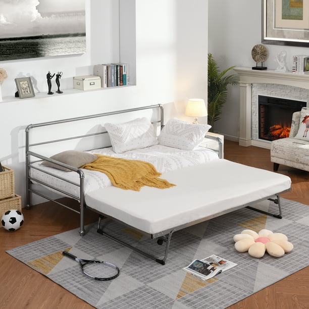 Twin Size Metal Daybed With Adjustable Trundle Heavy Duty Steel Pop Up Bed Extendable To King Silver Com Metal Daybed With Adjustable Trundle, Twin To King Size Trundle Bed