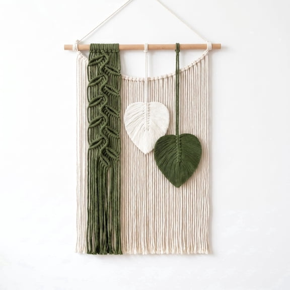 Macrame Wall Hanging, Cotton Woven Beige Green Leaves Tapestry with Tassels for Bedroom Living Room Decor