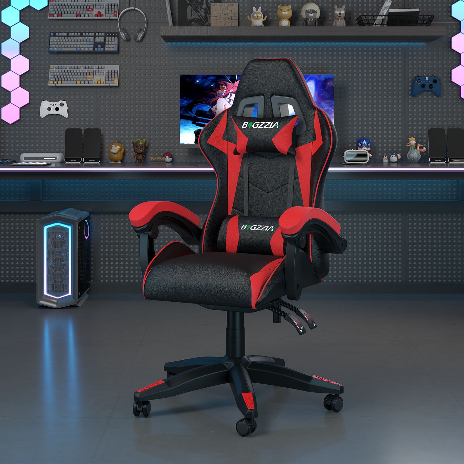 Bigzzia Gaming Chair, Computer with Lumbar Support Height Adjustable with 360-Swivel Seat and Headrest for Office or Gaming (Red)