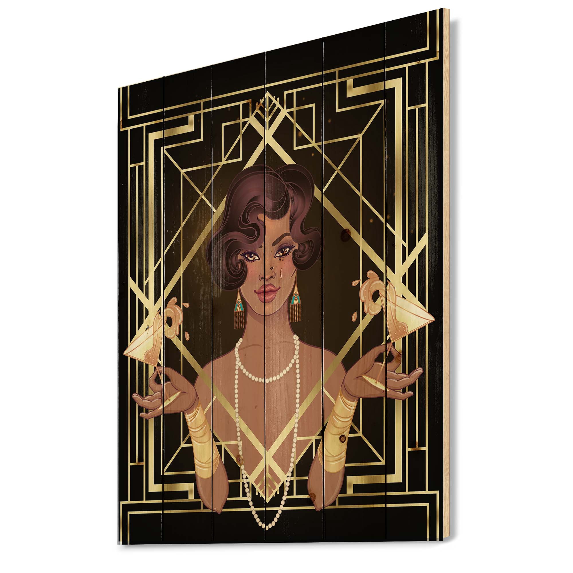 Designart 'Retro Girl In Golden Art Deco Geometrics I' Modern Print on Natural Pine Wood