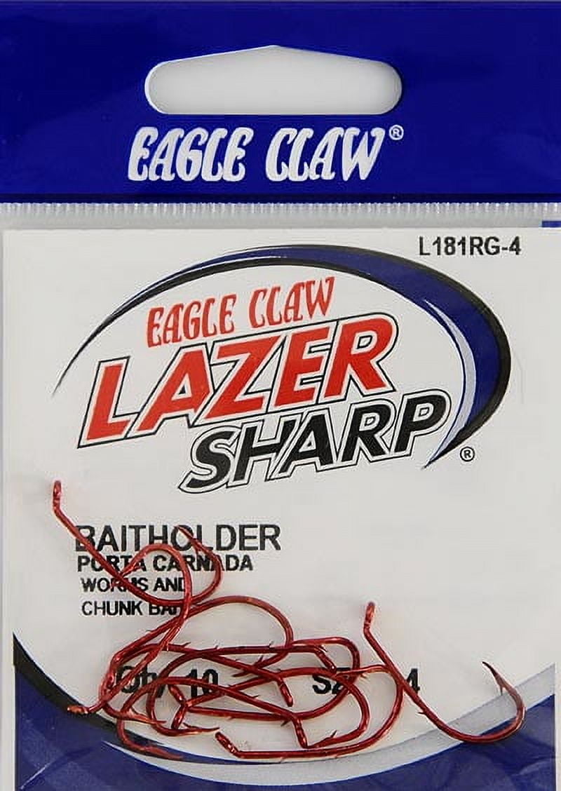 (6 pack) Lazer Sharp L181RGH-4 Baitholder Down Eye Offset Hook, Red, Size 4, 10 Pack