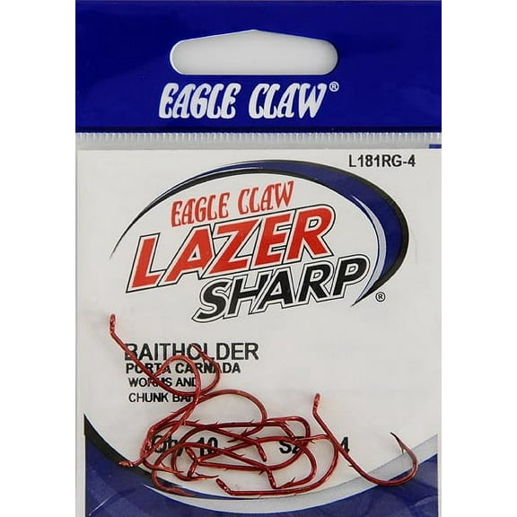 Lazer Sharp L181RGH-4 Baitholder Down Eye Offset Hook, Red, Size 4, 10 Pack