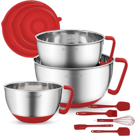 Stainless Steel Mixing Bowls: Metal Mixing Bowl Set with Lids and Handles Non-slip Silicone Bottom Nesting Bowls for Kitchen Set of 3 - Red