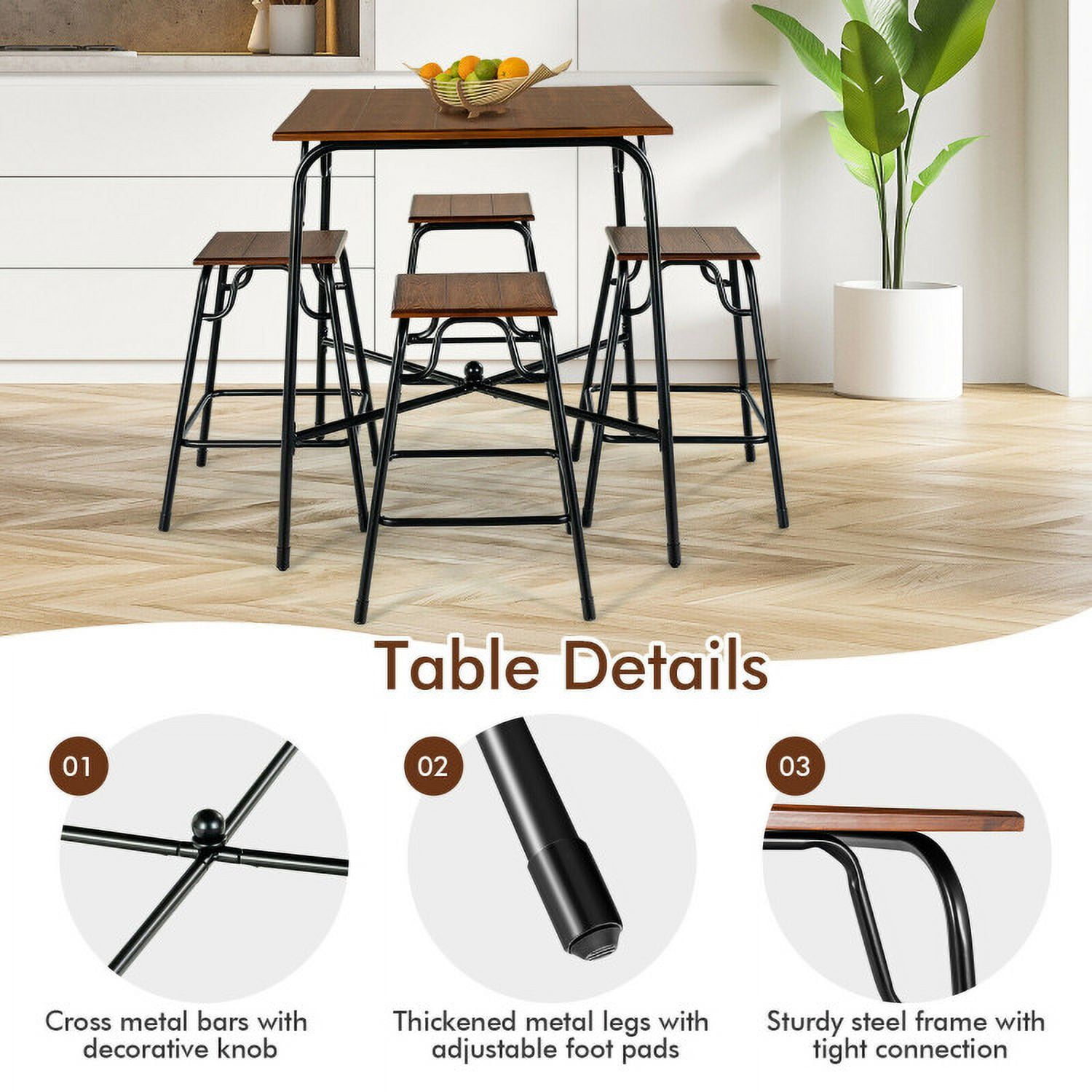 Finihen Dining Set, Dining Table Set, 5 Pieces Bar Table Set with 4 Counter Height Backless Stools, for Home, Restaurant, Rustic Brown Finihen Dining Set, Dining Table Set, 5 Pieces Bar Table Set with 4 Counter Height Backless Stools, for Home, Restaurant, Rustic Brown