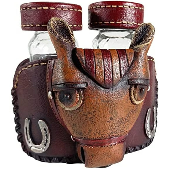 Urbalabs Western Cowboy Teal Cross, Horse Saddle, Belt Buckle Cowgirl Salt and Pepper Shaker Caddy Farmhouse Dinner Table Kitchen Ranch Decorations Rustic Cowboy Decor Hand Painted (Horse and Shoe)