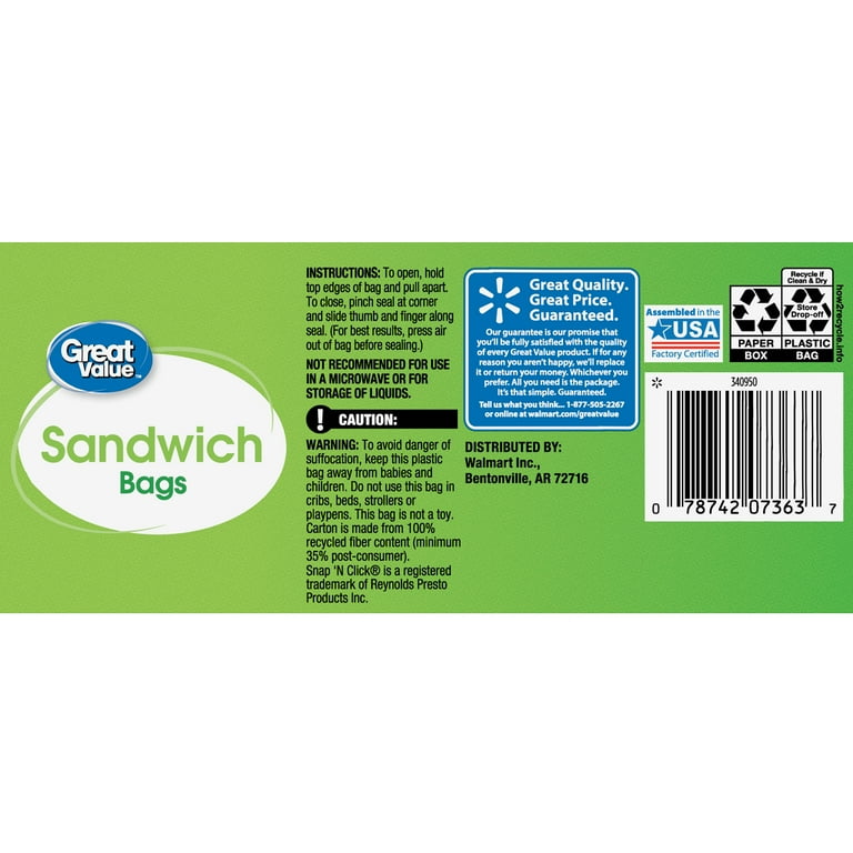 Great Value Double Zipper Sandwich Bags, 300 Count 