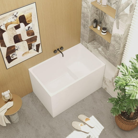 Freestanding Bathtubs 43" Acrylic Freestanding Bathtub with seat: Spacious rectangle Shape, Gloss White Finish, Chrome Overflow & Pop-Up Drain,Clawfoot Bathtubs