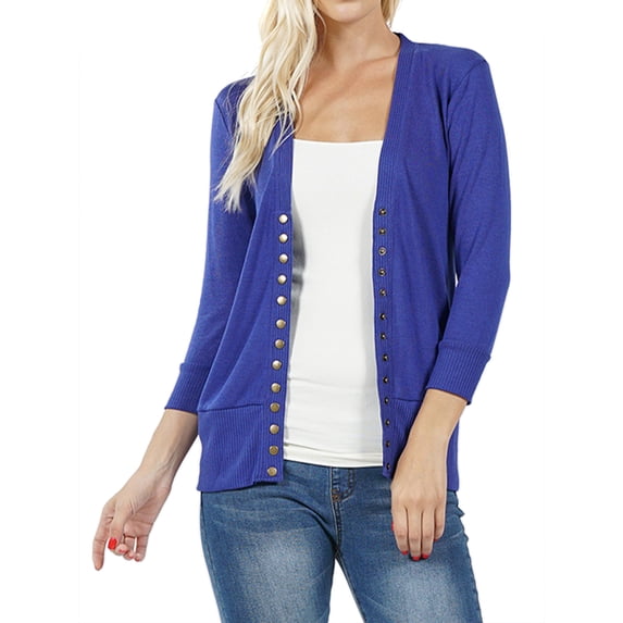 Women Classic Thin Snap Button Front V-Neck Button Down 3/4 Sleeve Ribbed Knit Cardigan