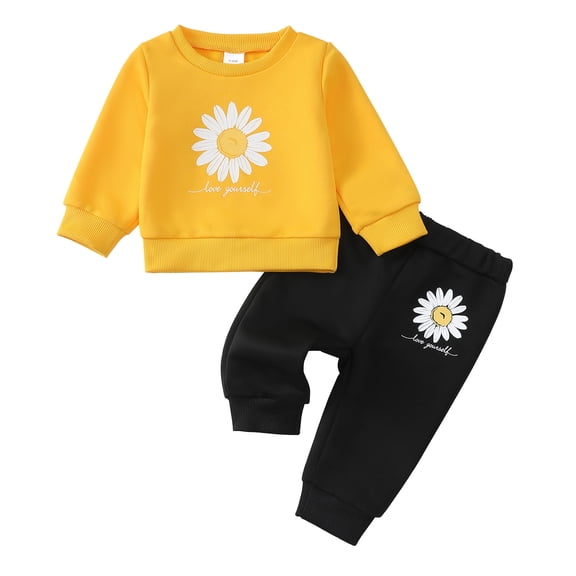 2T Baby Girls Clothes 3T Girls 2PCS Fall Winter Outfits Set Flower Print Toddler Girls Long Sleeve Top Pants Set Yellow