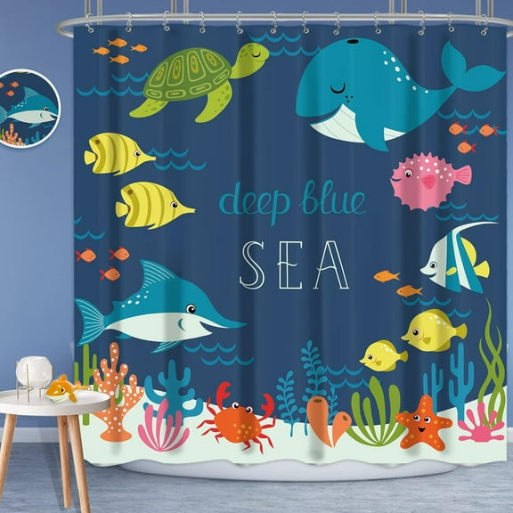 Kids Shower Curtain for Bathroom Decor 72Wx72H Cartoon Fish Whale Bath Accessories for Boy Girls Cartoon Underwater Ocean Theme Sea Animal Nature Shark Turtle Fabric 12 Pack Hooks WW-INHC