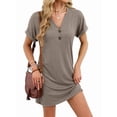 thumbnail image 1 of Robe T-Shirt Décontractée pour Femme à Col en V Mini Robes d'Été à Boutons à Manches Courtes Marron G, 1 of 10