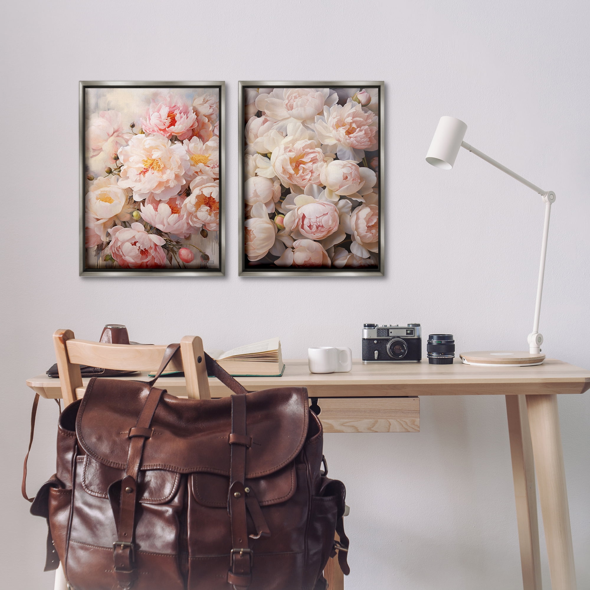 Stupell Industries Soft Pink Cabbage Roses Plants & Flowers Painting Gray Floater Framed Canvas Art Print Wall Art, 17 x 25, Set of 2