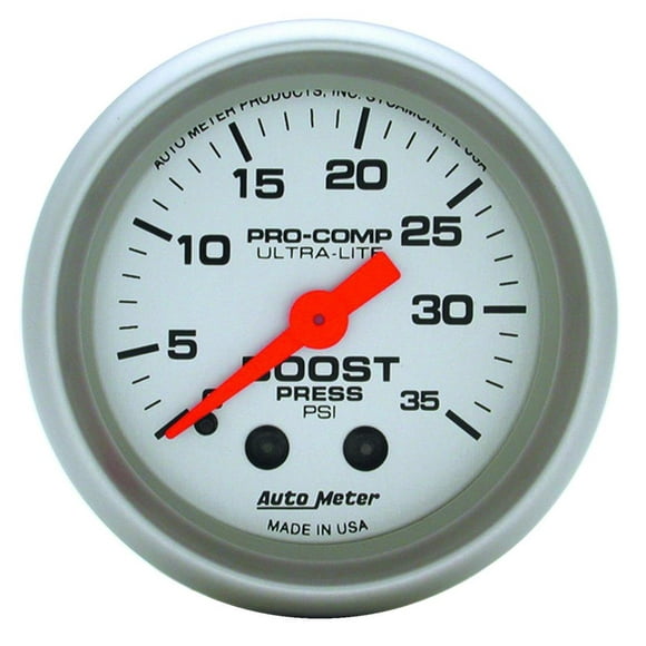 Ultra-Lite Boost Gauge | Full Sweep Mechanical 0-35 PSI | White Face/ Brushed Bezel/ Orange Needle | Rugged & Accurate | Incandescent Lighting