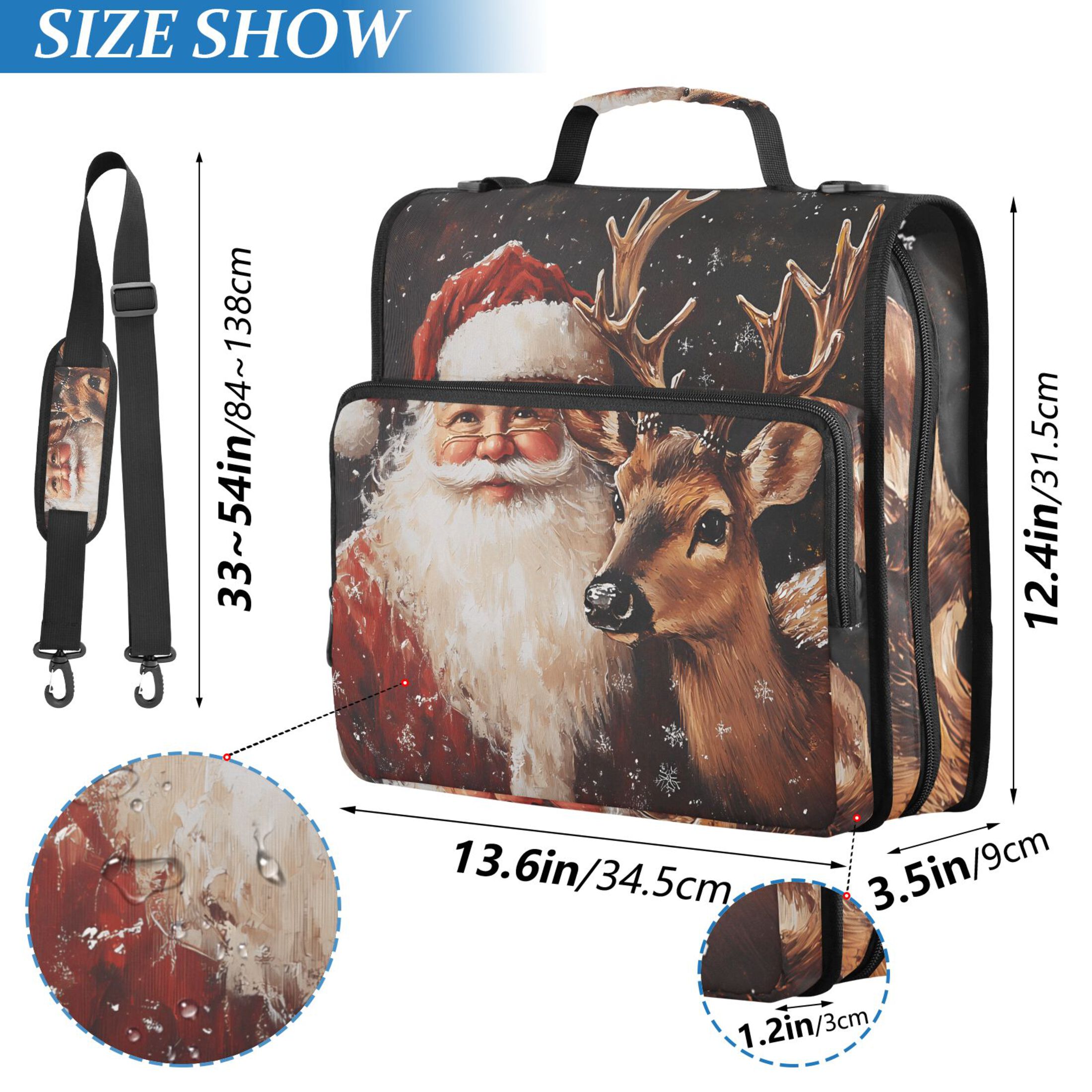 3 Ring Zipper Binder with Shoulder Strap Waterproof Trapper Keeper 2 Inch D-Ring 500 Sheets Capacity Christmas Santa Claus and Deer