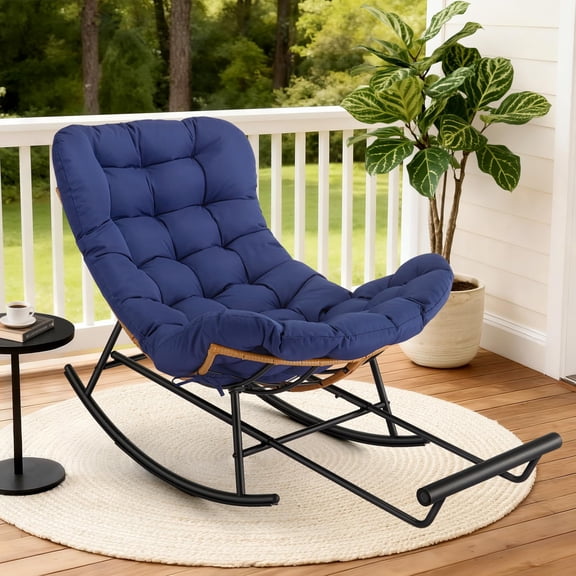 Garvee Indoor Papasan Rocking Chair, Rattan Rocker with Extendable Footrest & Detachable Polyester Cushion, 352lbs Sturdy Large Reading Lounge for Indoor Bedroom Living Room