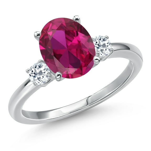Gem Stone King 14K White Gold Red Created Ruby and White Topaz Engagement Ring for Women | 3.28 Cttw | Oval 10X8MM | Gemstone July Birthstone | Size 8