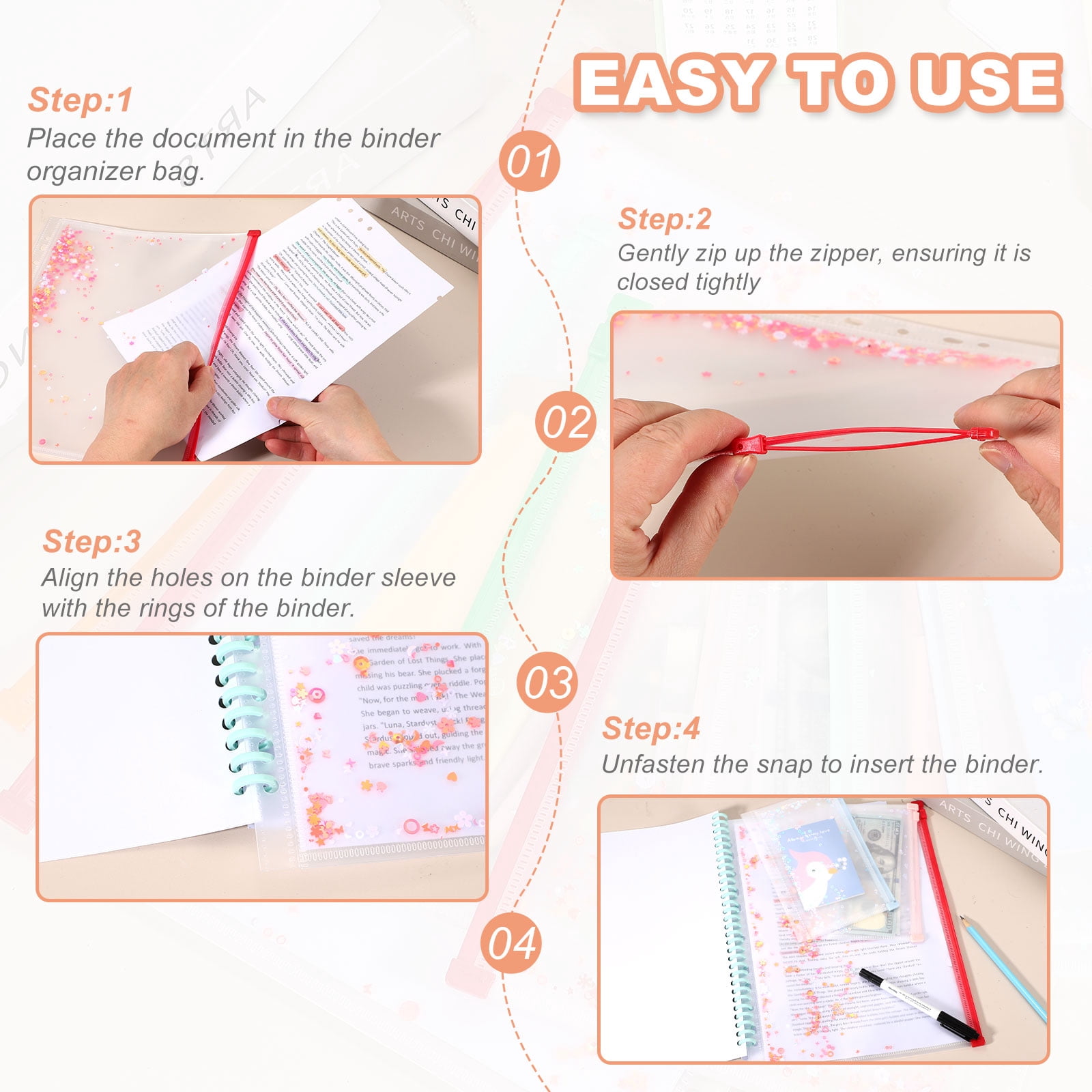 Uxcell 6Pcs A4 Plastic Binder Zipper, Binder Pockets 12 x 9" Clear Envelope Folders Planner Waterproof Pouch Filing with Sequin Decor for Document Notebook Card Organizer, Light Green