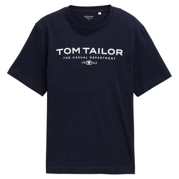 TOM TAILOR Camiseta para hombre - camiseta estampada, cuello redondo, corte recto, algodón Azul L (Large)