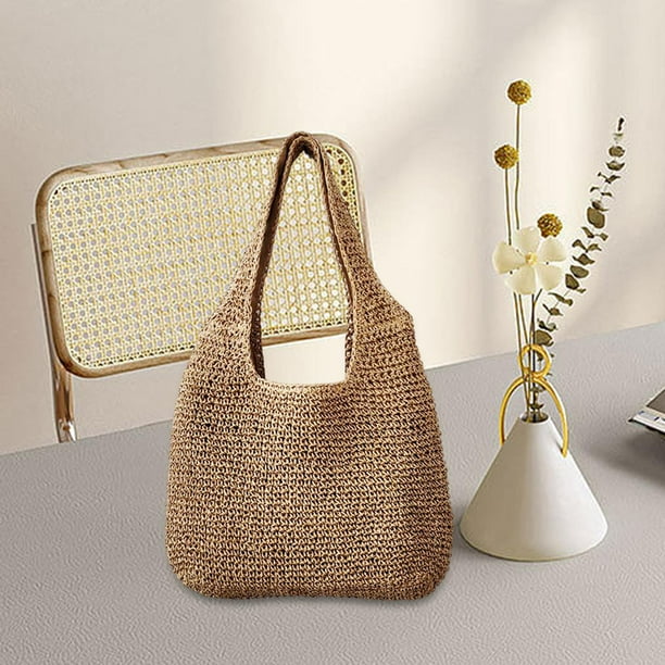 Women Straw Woven Shoulder Bags with Zipper Large Wallet Handwoven