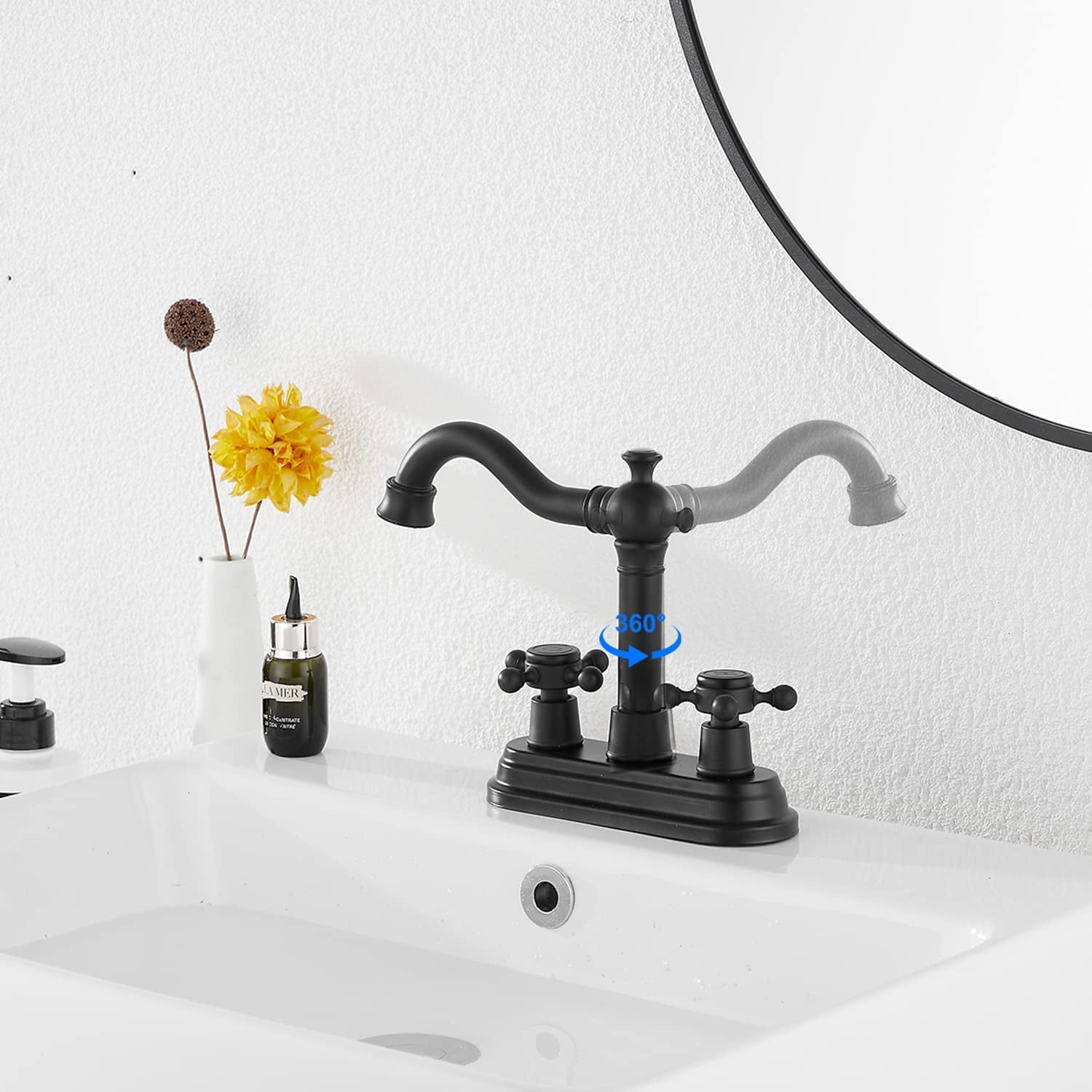 GGStudy Bathroom Faucet Matte Black 2 Handles 4 Inches Centerset RV Black Bathroom Vanity Faucet with Drain Assembly and Supply Hose Lavatory Faucet Mixer Double Handle Tap