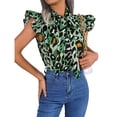 thumbnail image 1 of Blusa con estampado de leopardo y lazo en la parte delantera con mangas fruncidas para fiestas de verano, color verde, talla L, 1 of 8