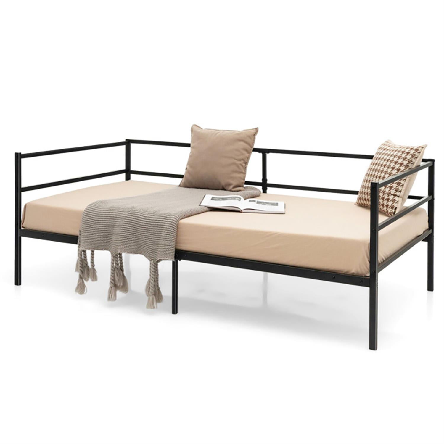 Demi Bonn Twin Size Metal Daybed Frame with Metal Slat Support and 3-Sided Guardrails, Modern Bed Frame for Teens, Black