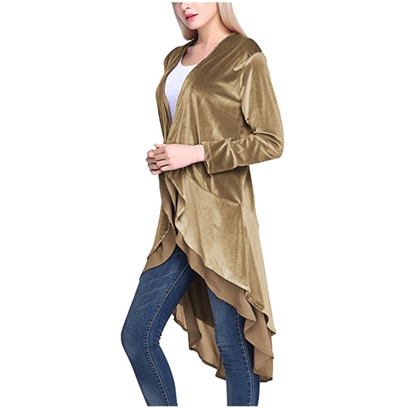Vedolay Womens Tops 2023 Fall Open Front Ribbed Cardigan Blazer Jackets with Pockets Khaki,M