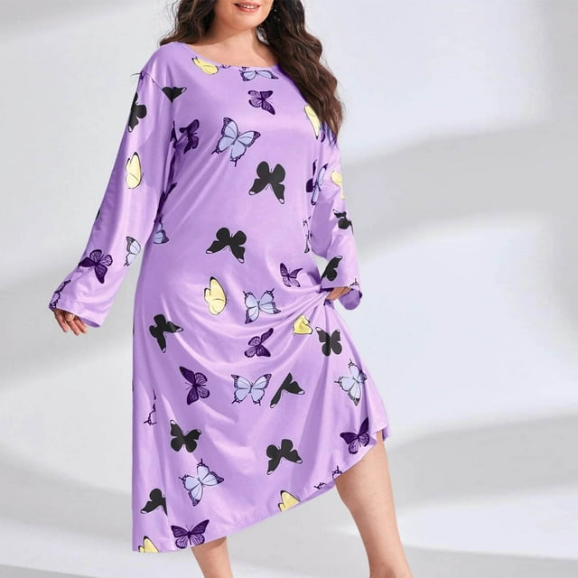 LSLJS Women's Spring Round Collar Long Sleeve Printed Large Size Loose Casual Dress