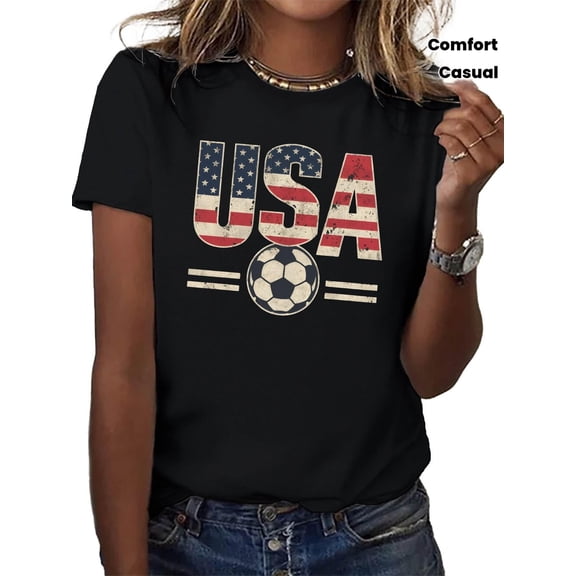 Women's USA Soccer T-Shirt Patriotic American Flag Graphic Tee Retro Sporty Casual Short Sleeve Top