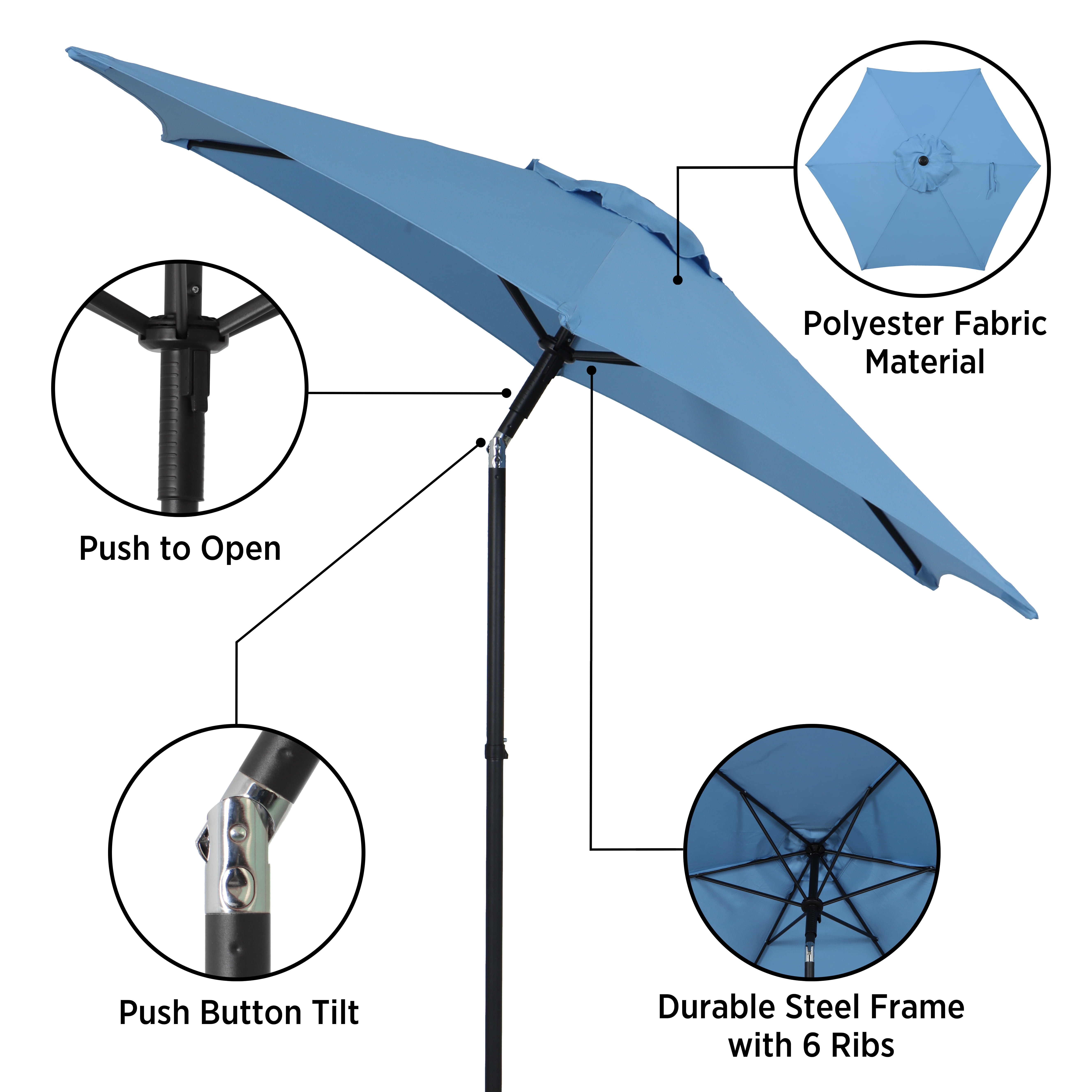 Mainstays 7.5ft Market Outdoor Umbrella with Push-Up Lift and 3-Angle Tilt in Light Blue Paradise