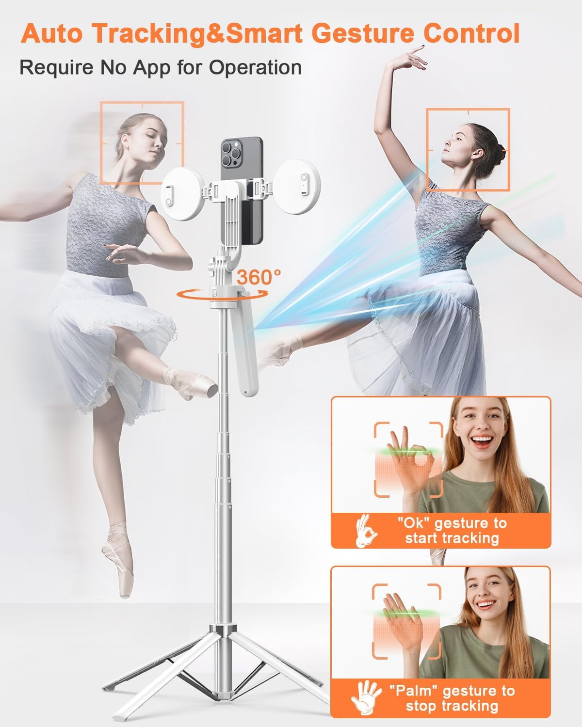 Ahot 71” Auto Face Tracking Tripod for iPhone with Light,360° Rotating Phone Stand with Rechargeable Remote Control for TikTok Vlog, Phone Tripod for Android Camera/GoPro/Ring Light (White)