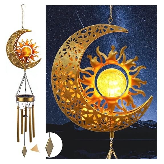 LANDLIT Sun Moon Solar Wind Chimes for Outside - 47-Inch Large Solar Wind Chimes with Glowing Crackle Glass Balls, Waterproof Garden Wind Chimes Gardening Gift for Outdoor Patio Decor Yard Porch Deco