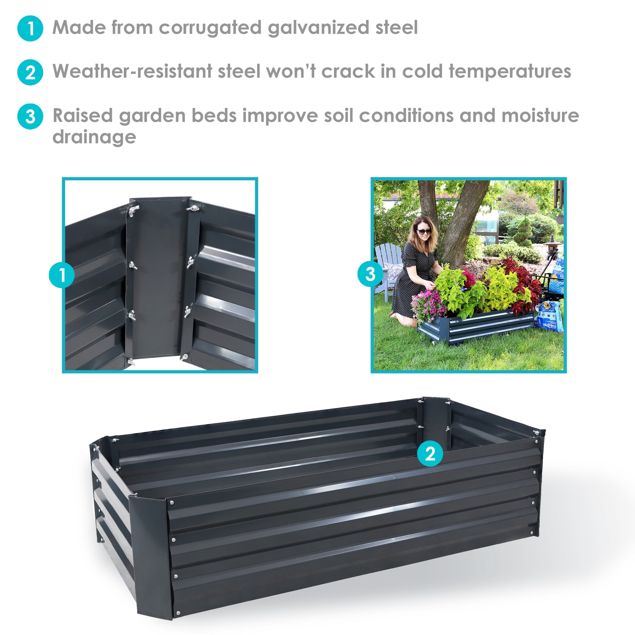 Sunnydaze 48" x 24" x 11.75" Dark Gray Galvanized Steel Raised Garden Bed, Set of 2