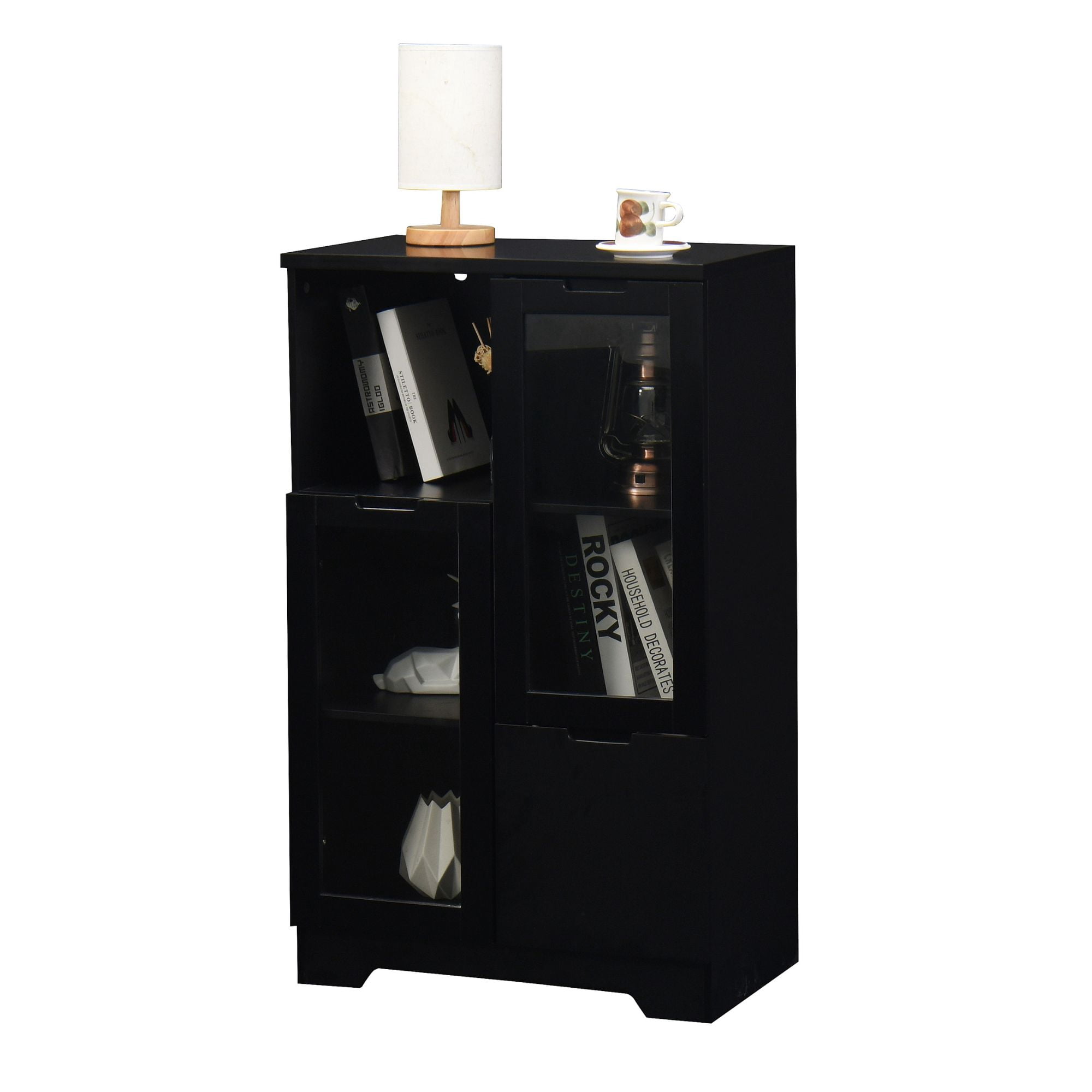 Noble House Storage Cabinet with Glass Doors and Drawer, Adjustable Shelves, Black