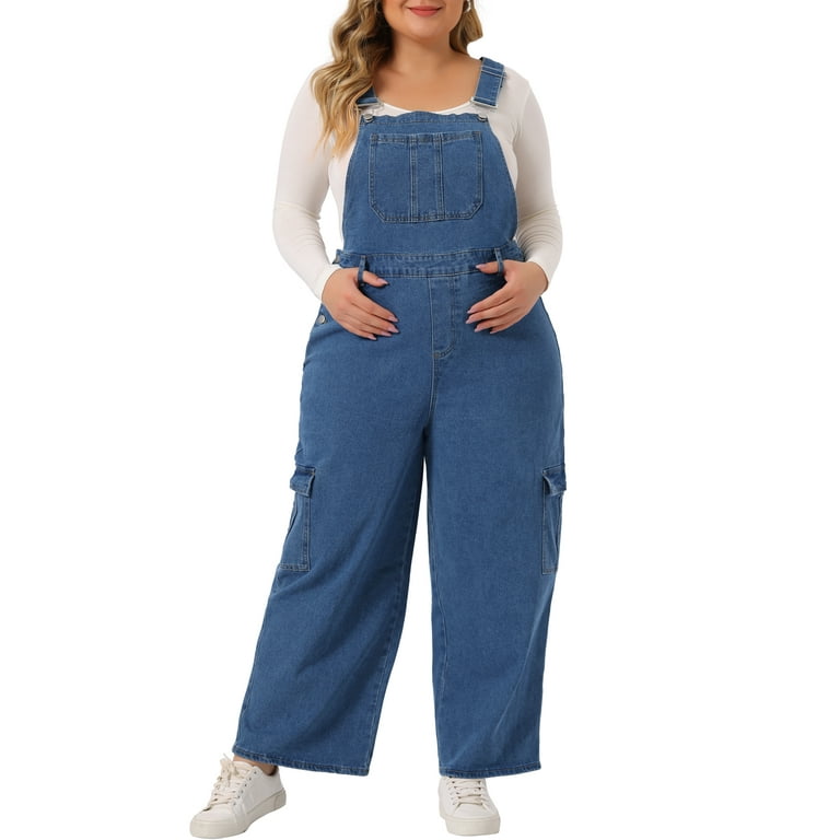 Agnes Orinda Plus Size Denim Overalls Pants for Women s Jeans Bib Pockets Stretch Adjustable Suspenders Jumpsuit