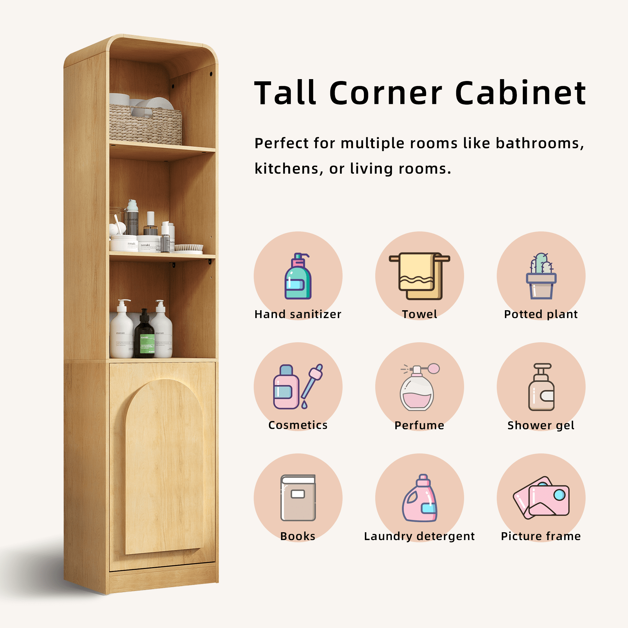 67" Tall Narrow Storage Cabinet Freestanding Tower Cabinet with Door Space Saving Organizer for Bathroom Kitchen Living Room