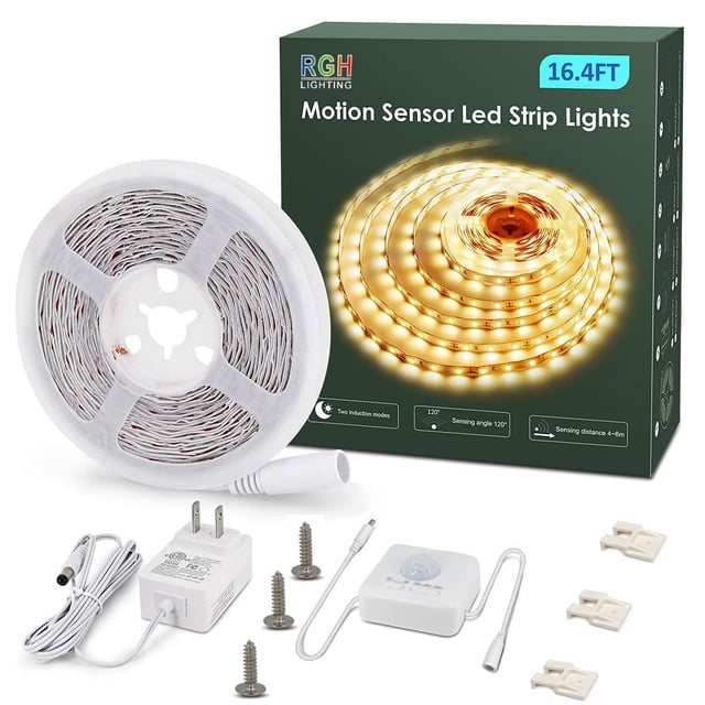 Tira de luces LED RGH LIGHTING de 5 m con sensor de movimiento, blanco cálido