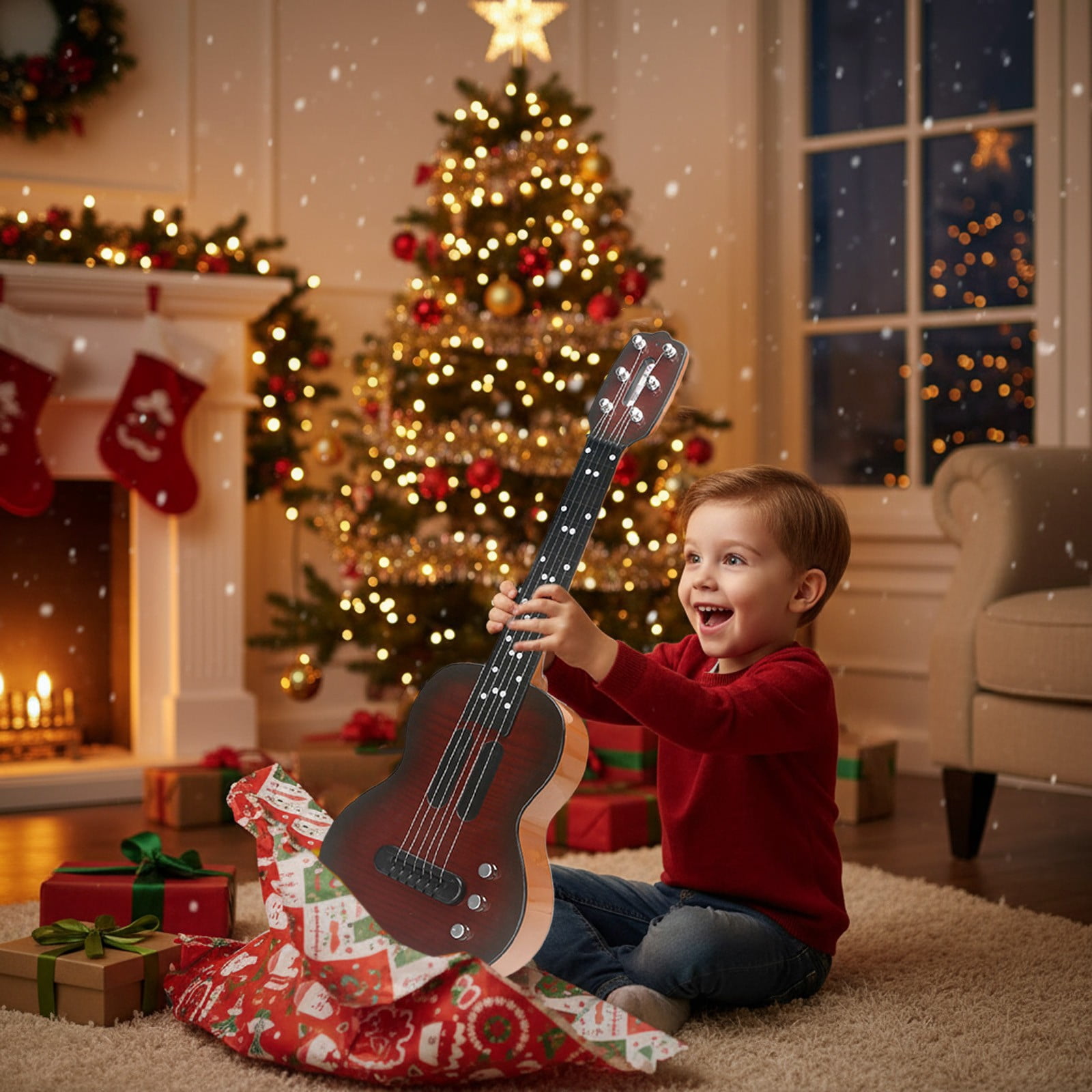 Kids Electric Guitar Toy Simulation Ukulele with Touch Sensitive Strings Adjustable Tuning Pegs Educational Musical Instrument for Children(Black)