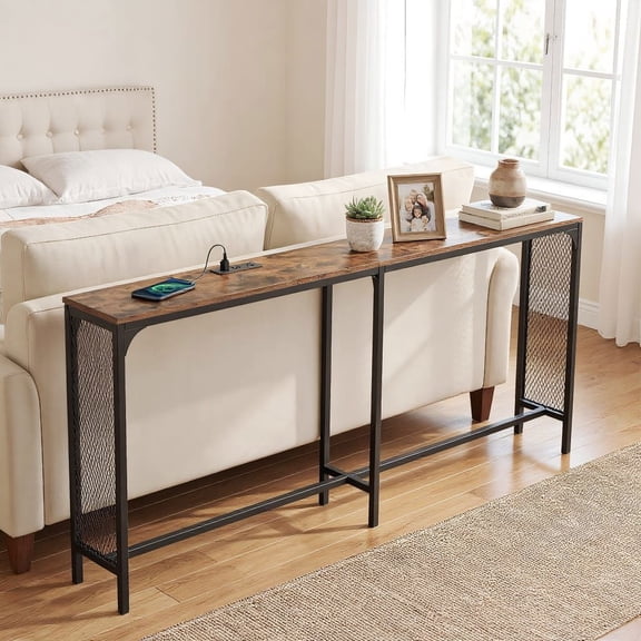 Resenkos 71 Inch Narrow Sofa Table with Power Outlet, Slim Console Table with Charging Station for Small Space, Entryway, Rustic Brown
