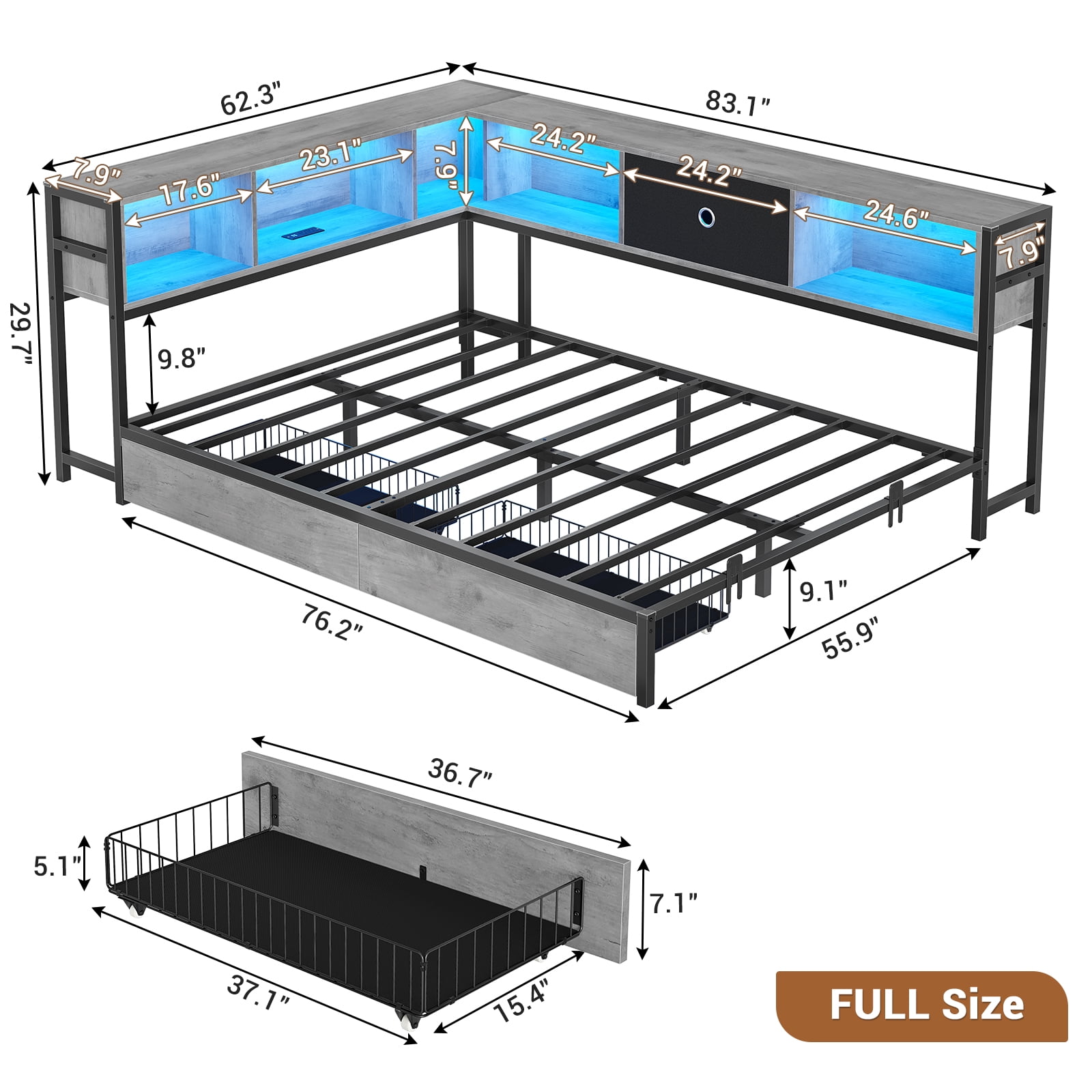 Full Corner Bed Frame with Bookcase Storage and Led Lights,Full Daybed Frame with Charging Station,Metal Platform Bed Frame with Storage Drawers Underneath for Living Room,Bedroom & Guest Room,Gray