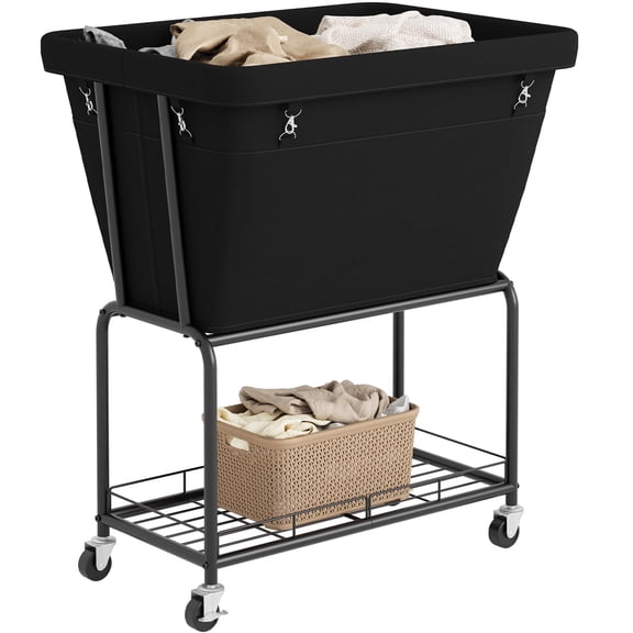 BGTREND Rolling Laundry Cart with Storage Shelf, Metal Frame Clothes Hamper with Removable Bag, 4 Casters with 2 Brakes, Utility Carts, Black