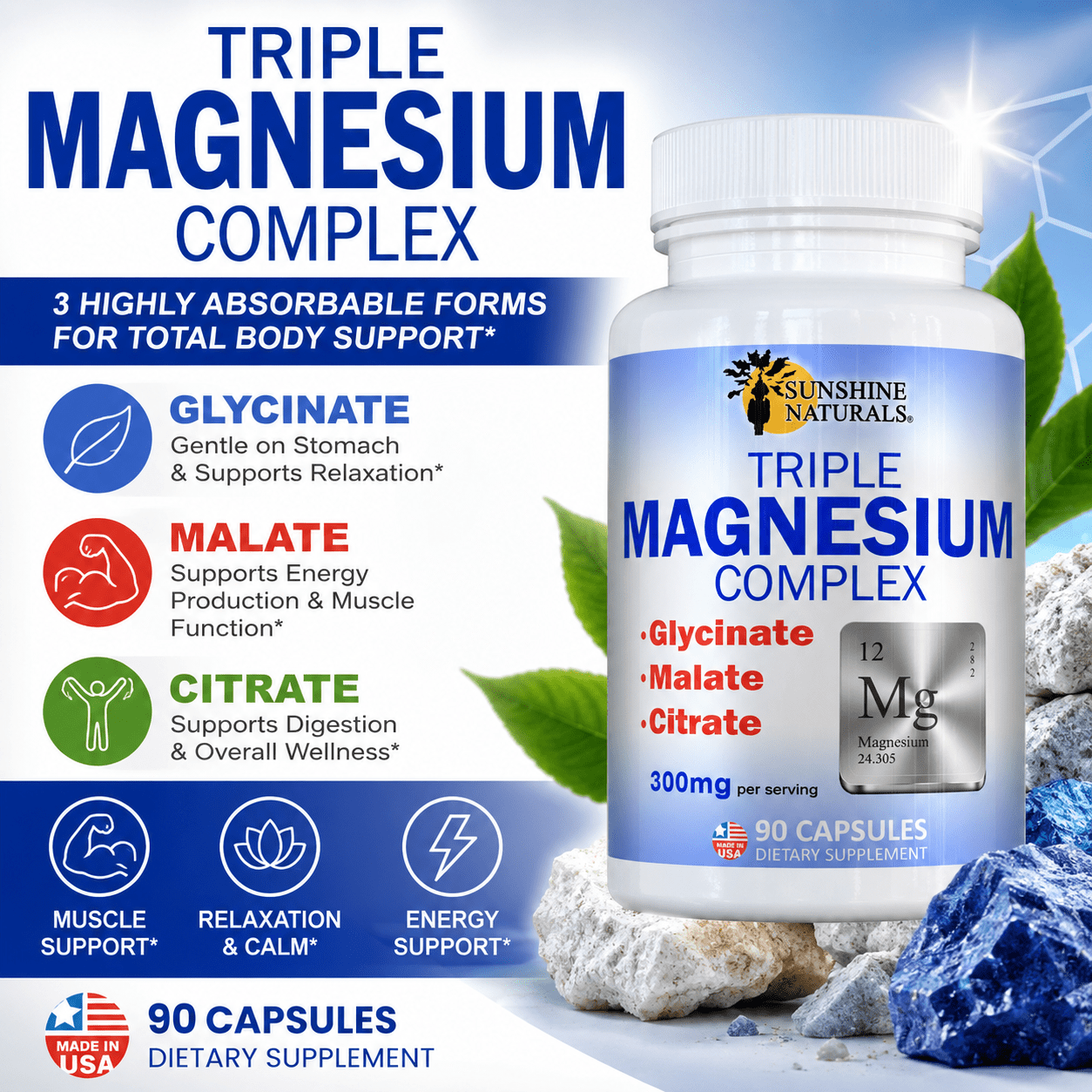 Sunshine Naturals Triple Magnesium Complex Dietary Supplement, Magnesium Glycinate, Malate & Citrate, High Absorption Magnesium for Muscle, Nerve & Energy Support, 90 Capsules